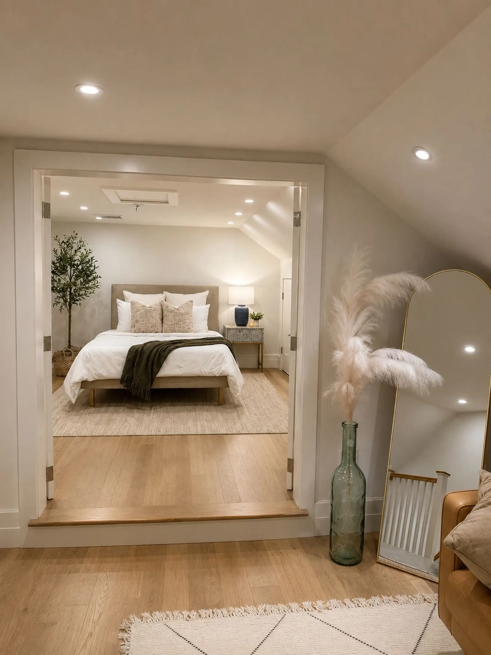 A staged top-floor bedroom at 27 Walden Street seen through a wide doorway: an upholstered bed with linen pillows and an olive throw, an olive tree, and an arched mirror beside pampas grass.