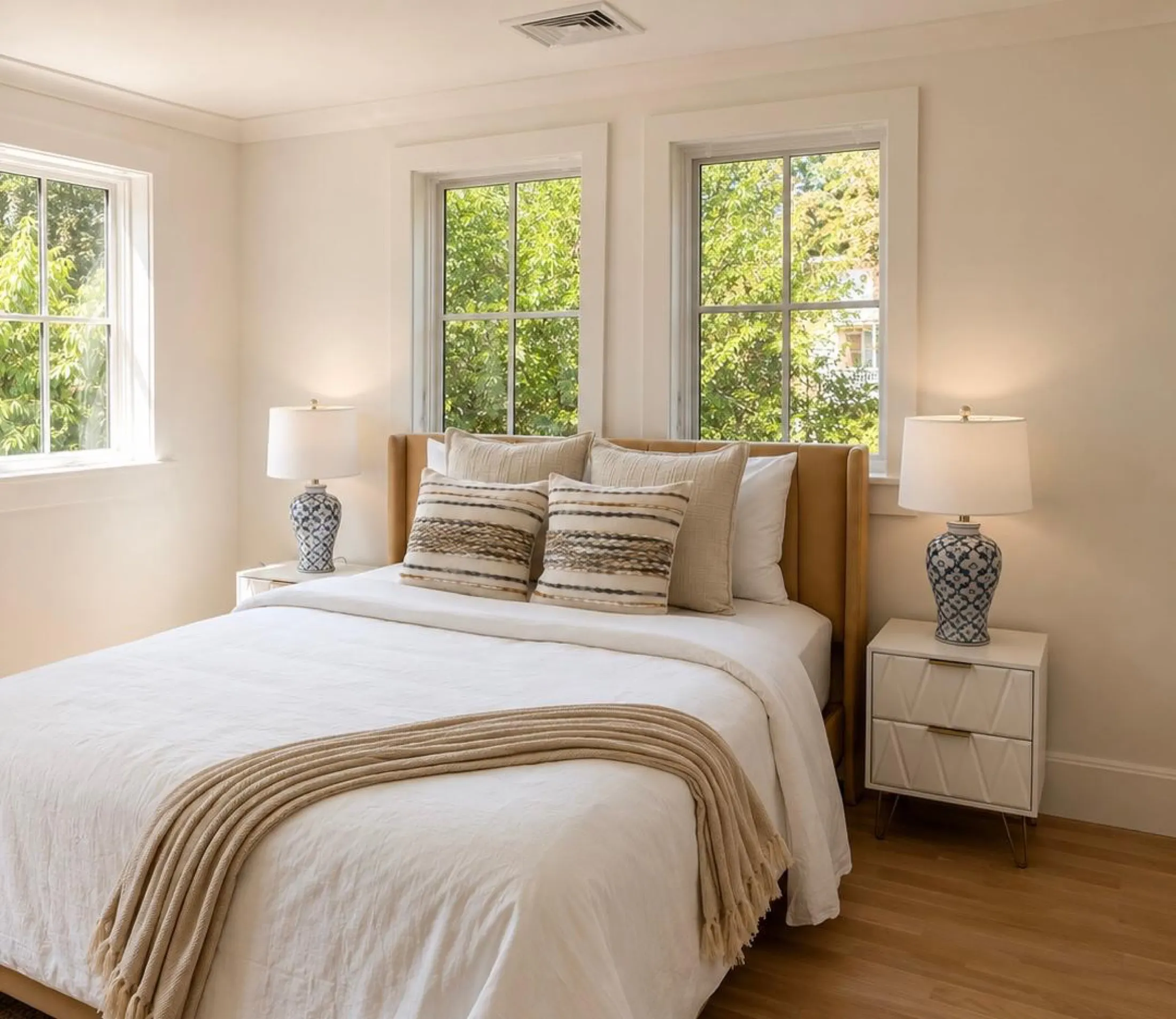 A sunlit guest bedroom with a camel upholstered bed, white linens, a woven tan throw, striped pillows, and a pair of blue and white ceramic lamps on white nightstands.